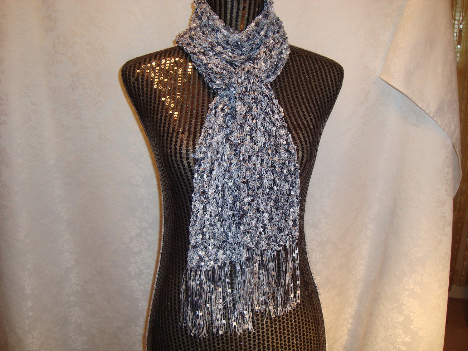 Knit Scarf Black/Silver.Ladder.Ribbon.Gift.Spring/Summer.Light.Stained Glass.Ready to ship.