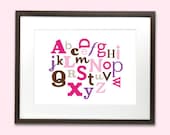Alphabet art print poster for baby nursery or kids room - 8 x 10 - pink, purple & brown