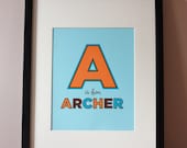 Personalized Name & Initial monogram art print for baby nursery or kids room - 8 x 10 printed on eco friendly recycled paper