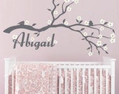 Cherry Blossom Branch and Custom Name Vinyl Wall Decal for Baby Nursery, Kids or Children