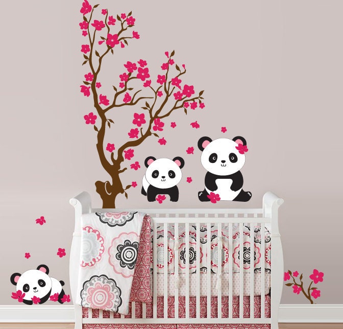 Pandas and Cherry Blossom Tree, Panda Decal, Panda Vinyl Wall Decal for Nursery, Kids, Childrens Room