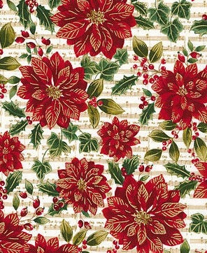 Michael Miller Fabric- Hollyberry French Pointsietta - Cream/Gold Metallic - Holiday Floral Fabric