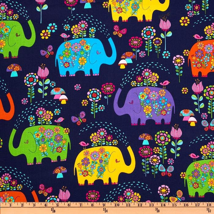 Timeless Treasures Fabric- Elephant Showers - Navy - Novelty Fabric