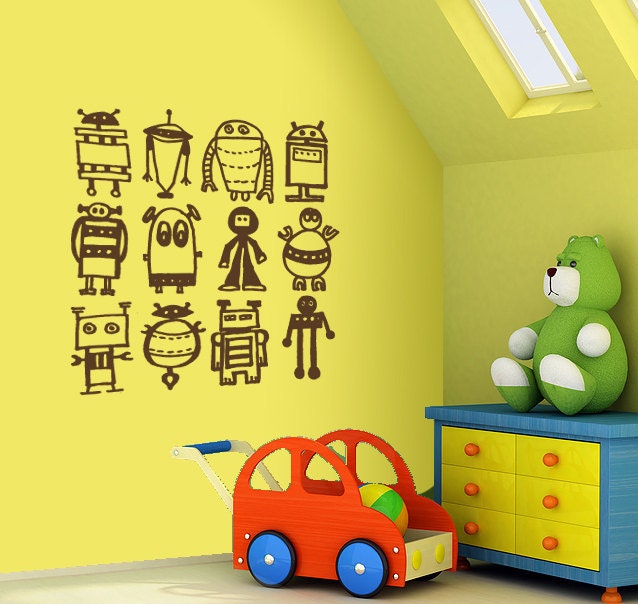 Robots wall decal - removable multiple robots decal SMALL size - steampunk