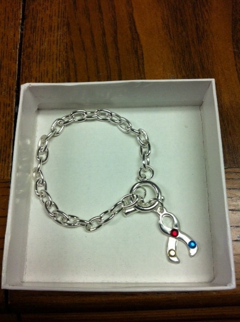 Silver Ribbon Awareness Bracelet Customized Crystals