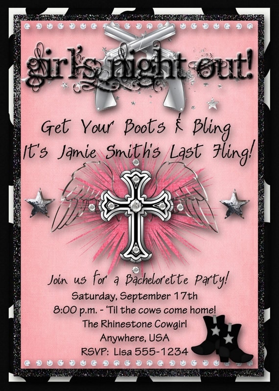 Rhinestone Cowgirl Bachelorette Party Invitation, Girls Night Out Custom - Pink