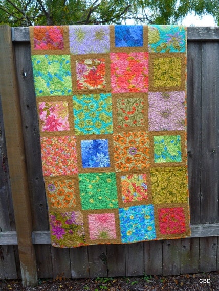 Floral queen coverlet quilt with vibrant garden party fabrics by Martha Negley - Handmade Home Decor Blanket