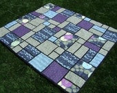 Modern Lap Quilt in blue, green, purple, black patchwork using Brooklyn Heights fabric by Kitty Yoshida - Handmade contemporary decor