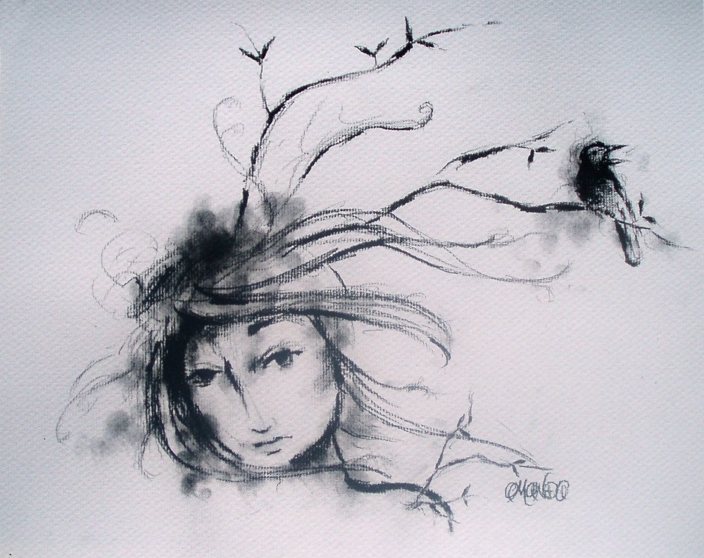 Wild Bird on Branches In Long Blowing Hair - Edge of Forest Call - Art Print - Charcoal Drawing - 8 x 10