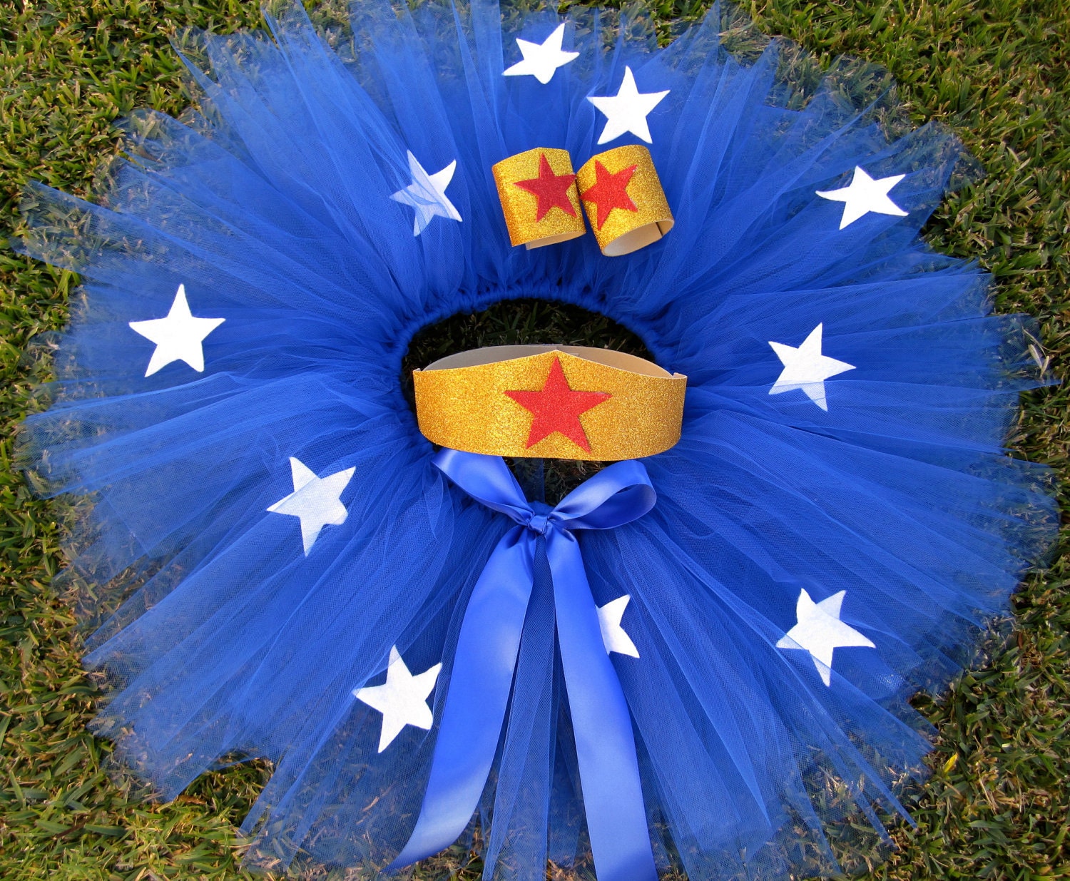 Girl's Super Hero Tutu Costume. Blue tutu with Stars. Red, white, blue and gold tutu costume. Patriotic tutu costume. Sewn Tutu