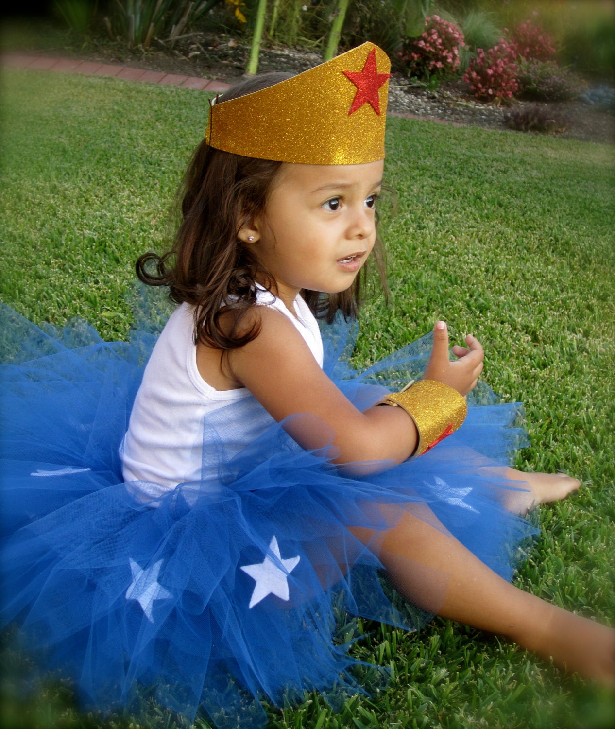Girl's Super Hero Tutu Costume. Blue tutu with Stars. Red, white, blue and gold tutu costume. Patriotic tutu costume. Sewn Tutu