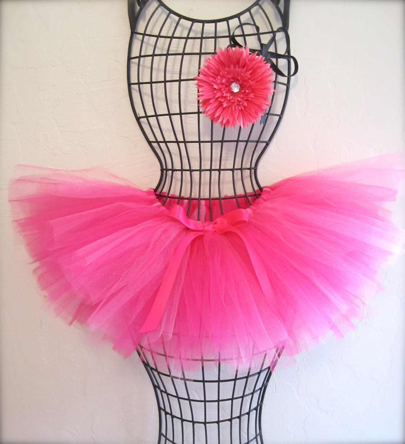 Girl's Hot Pink Tutu and Pink Flower with Rhine Stone. Birthday Tutu. Valentines Day Tutu. 2nd Birthday Tutu. Fuchsia Tutu.