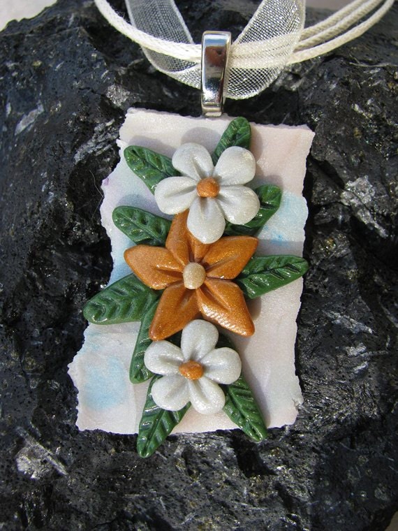 Faux Mother of Pearl Polymer Clay Pendant "White and Gold"