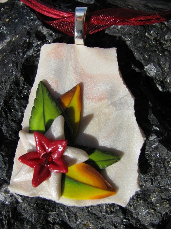 Faux Mother of Pearl Polymer Clay Pendant "Red Sparkle"