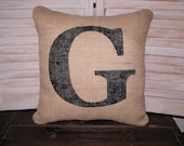 Lg. Burlap Initial Pillow FREE SHIPPING 16"x16"- Decorative Pillow- Burlap Pillow- Wedding Gift- Accent Pillow- Letter Pillow