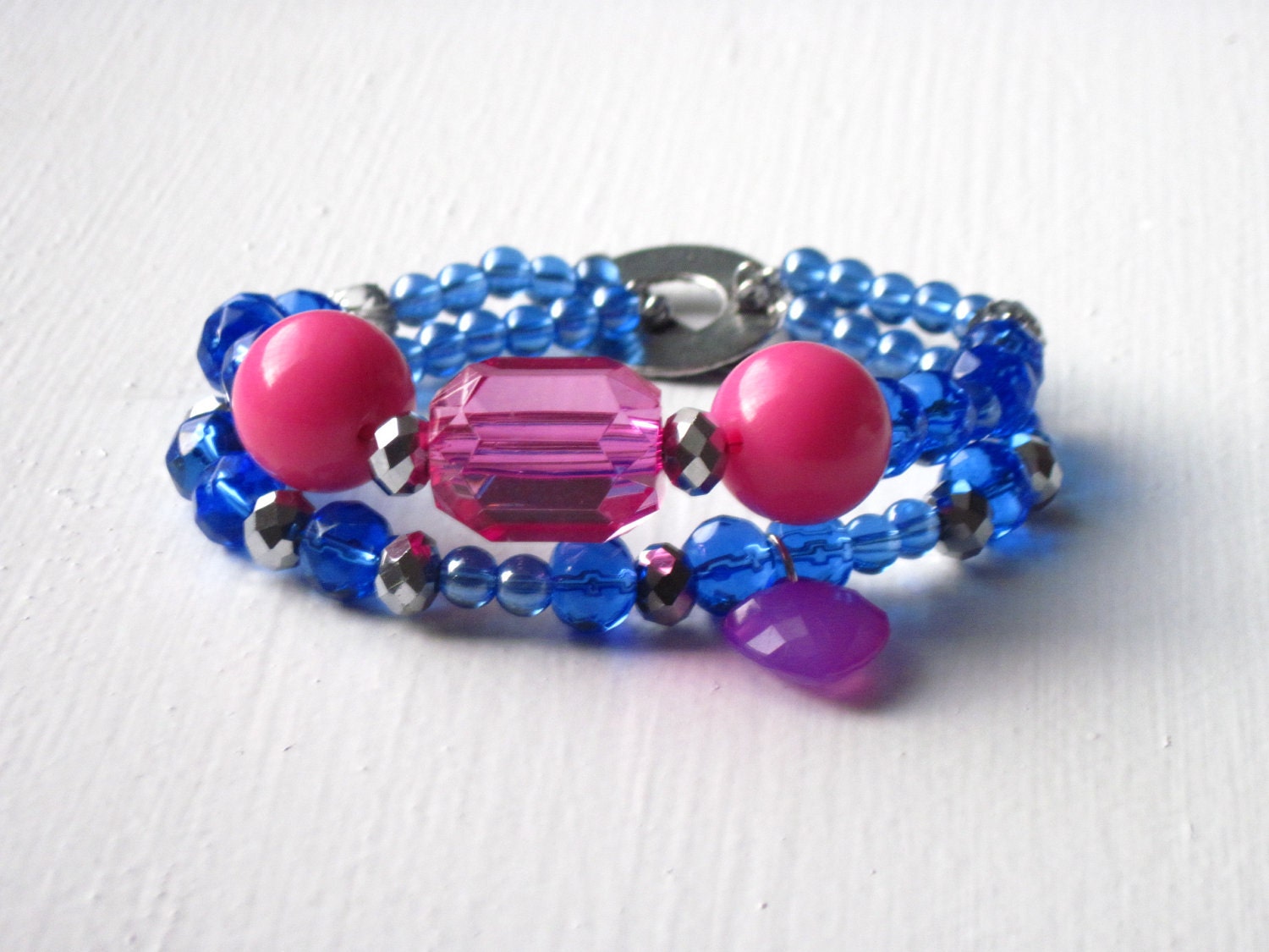 Beaded Bracelet Pink and Blue Purple Heart Charm Cute