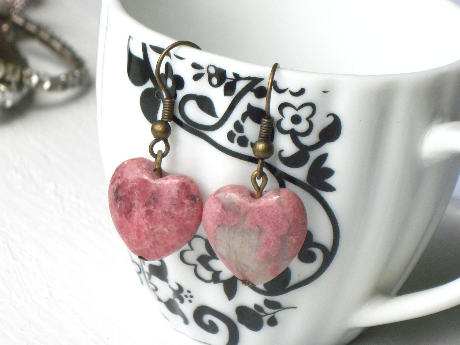 Pink Heart Earrings Stone Brass Cute Pretty Shabby Chic Rhyolite