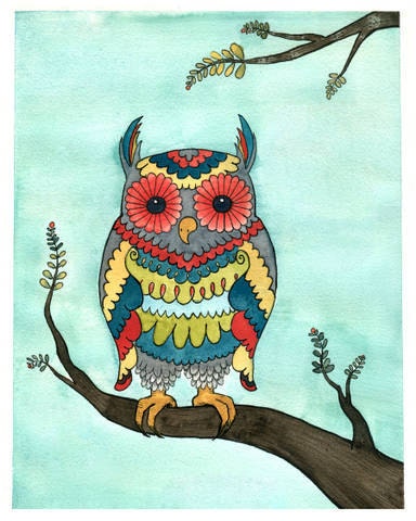 Owl Art  - The Bright Owl - Owl Watercolor Print - Owl Illustration - Owl Nursery Art -  Retro Colors - 8x10