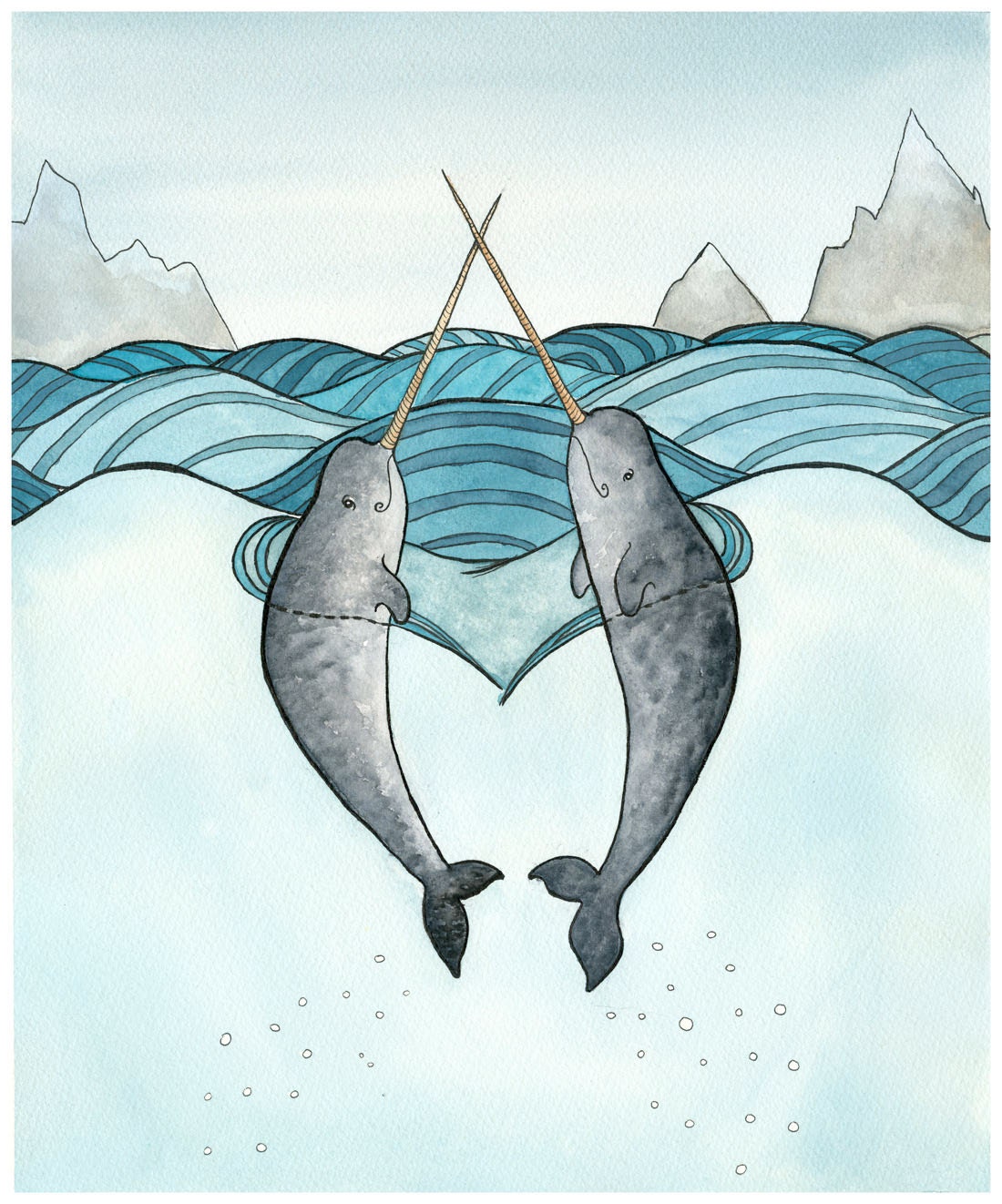 Narwhals in Love Painting - Print  - Watercolor  - 8x10