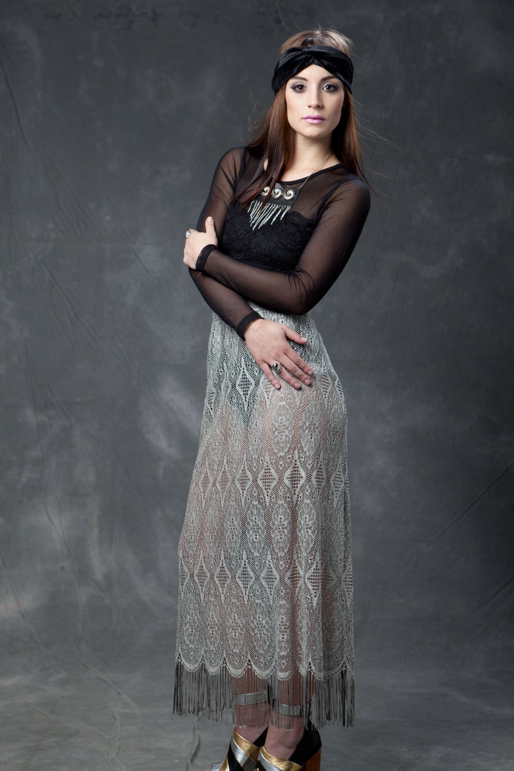 Vintage Silver Flapper Fringe Crochet Midi Skirt
