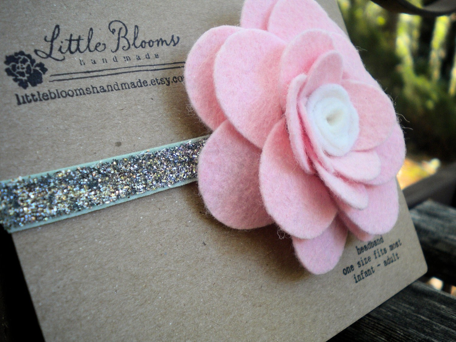 Pink Felt Flower Headband - pink and white wool felt bloom on a silver glitter elastic headband