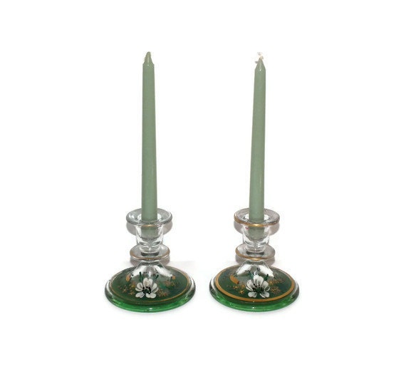 Pair depression glass candle holders - handpainted green gold and white flowers - TouchingThePast