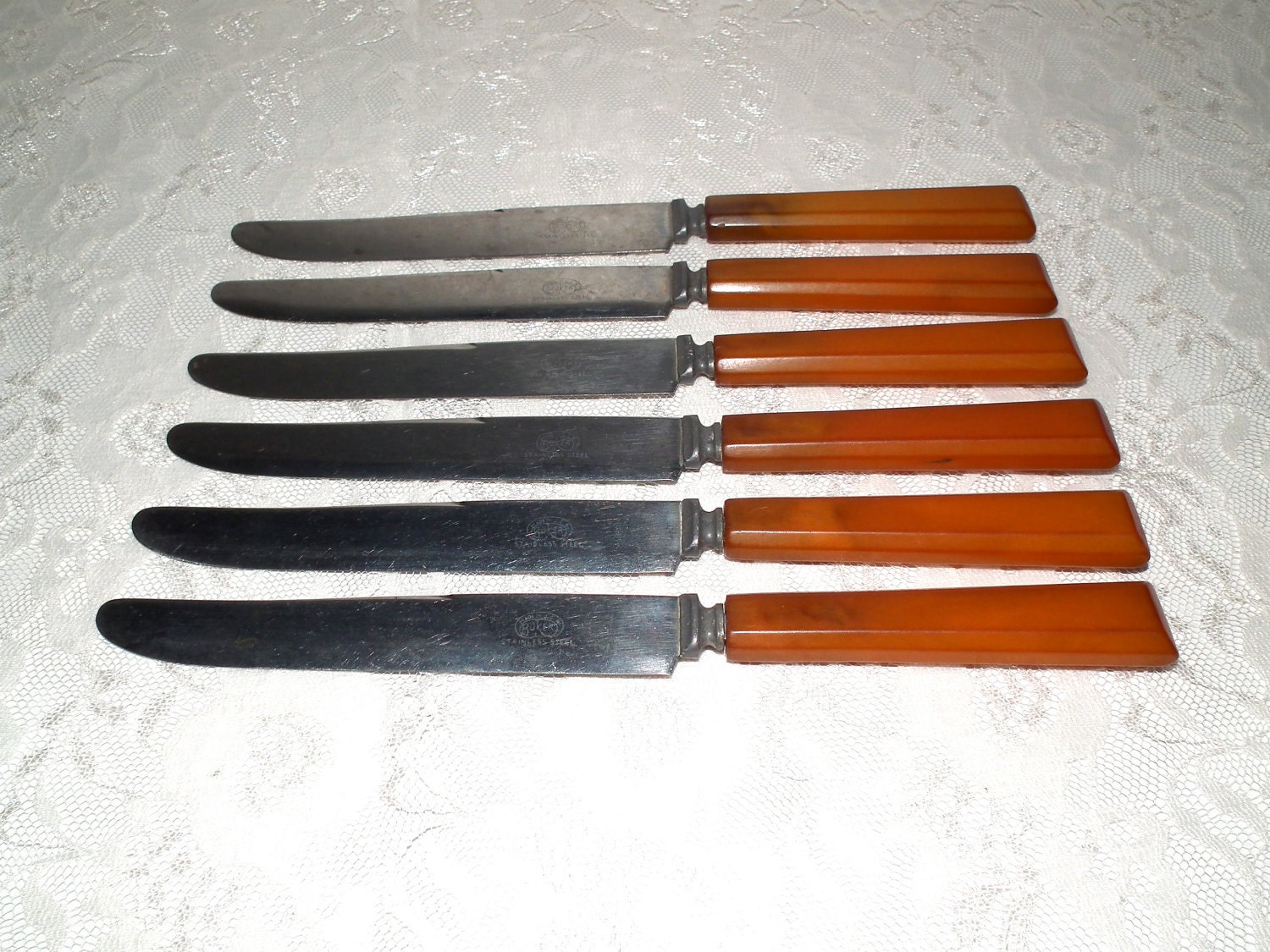 Bakelite dinner knives marked Made in USA Boker Stainless Steel