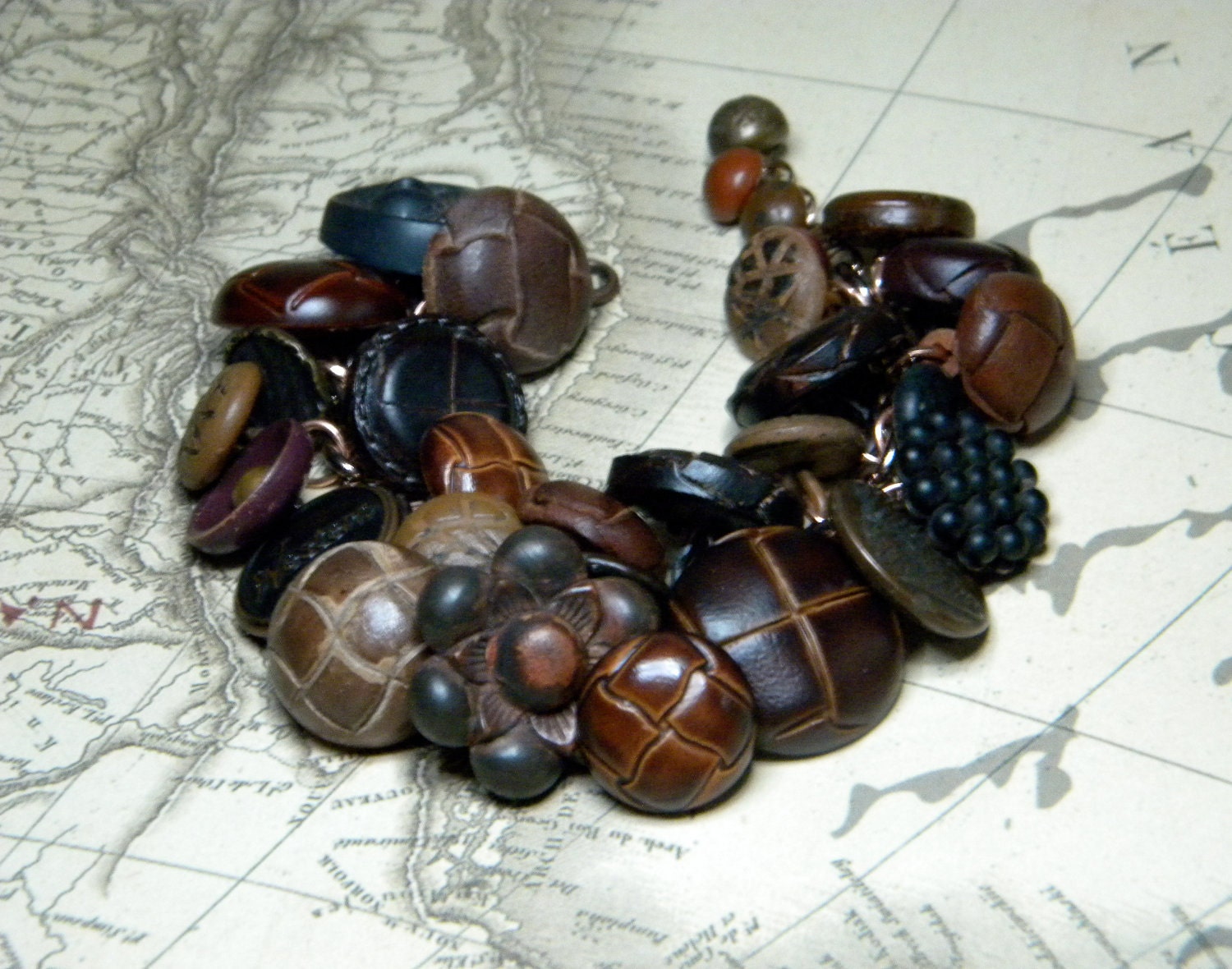 Vintage button bracelet leather and metal buttons tan and brown