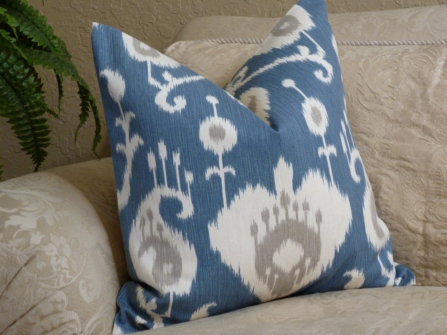 Ikat Pillow Cover -  Home Decor Designer Fabric - SAME Both Sides -Blue/Cream - Accent Pillow - Throw Pillow