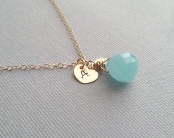 Sale Seafoam Blue Quartz With Heart Charm Necklace- Custom Initals