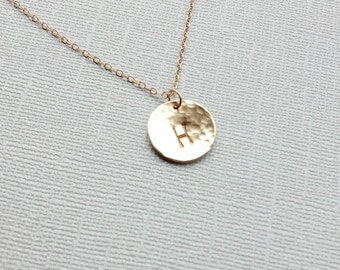Sale Gold Hammered Disc Initial Necklace- Personalized/Custom Necklace- 14k Gold Filled Chain- Gold Filled Pendant- Hand Stamped- Engraved