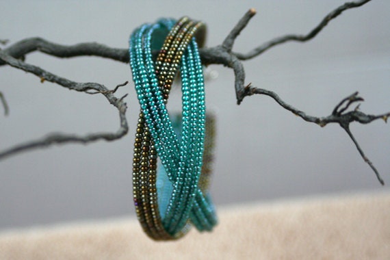 Beaded bangle bracelet--turquoise and brown