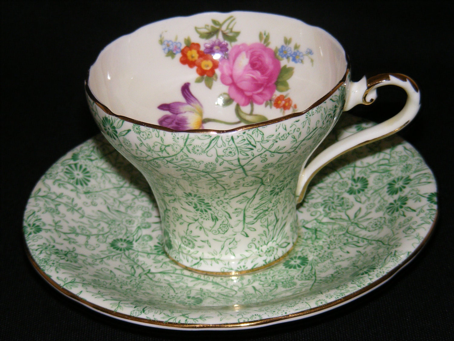 Aynsley Teacup and Saucer Green Chintz circa 1931-1939