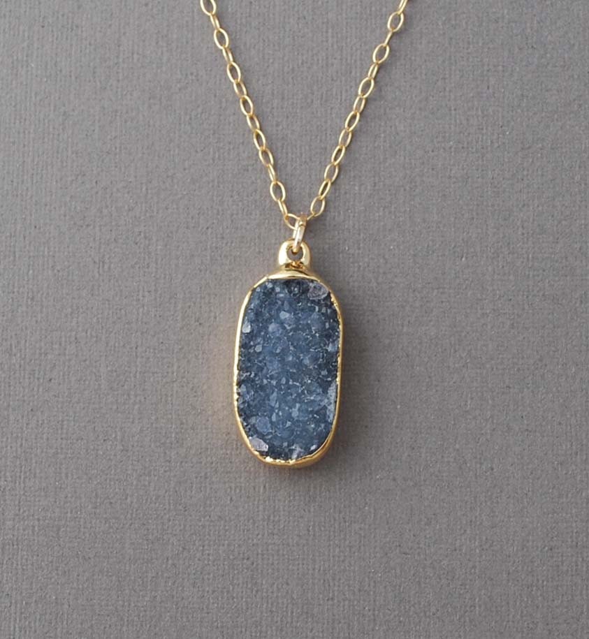 SALE Gray Blue Rectangle Druzy Drusy Gold Necklace