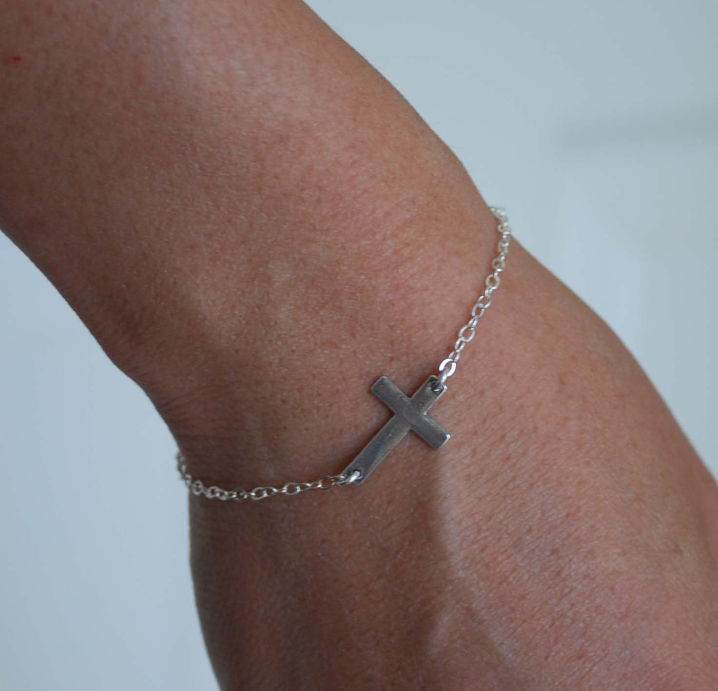 Sterling Silver Sideways Cross Bracelet Horizontal