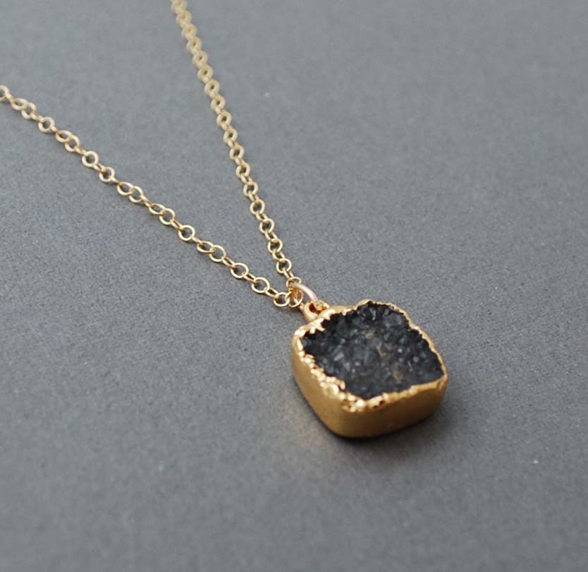 Gold Gray Square Druzy Drusy Necklace