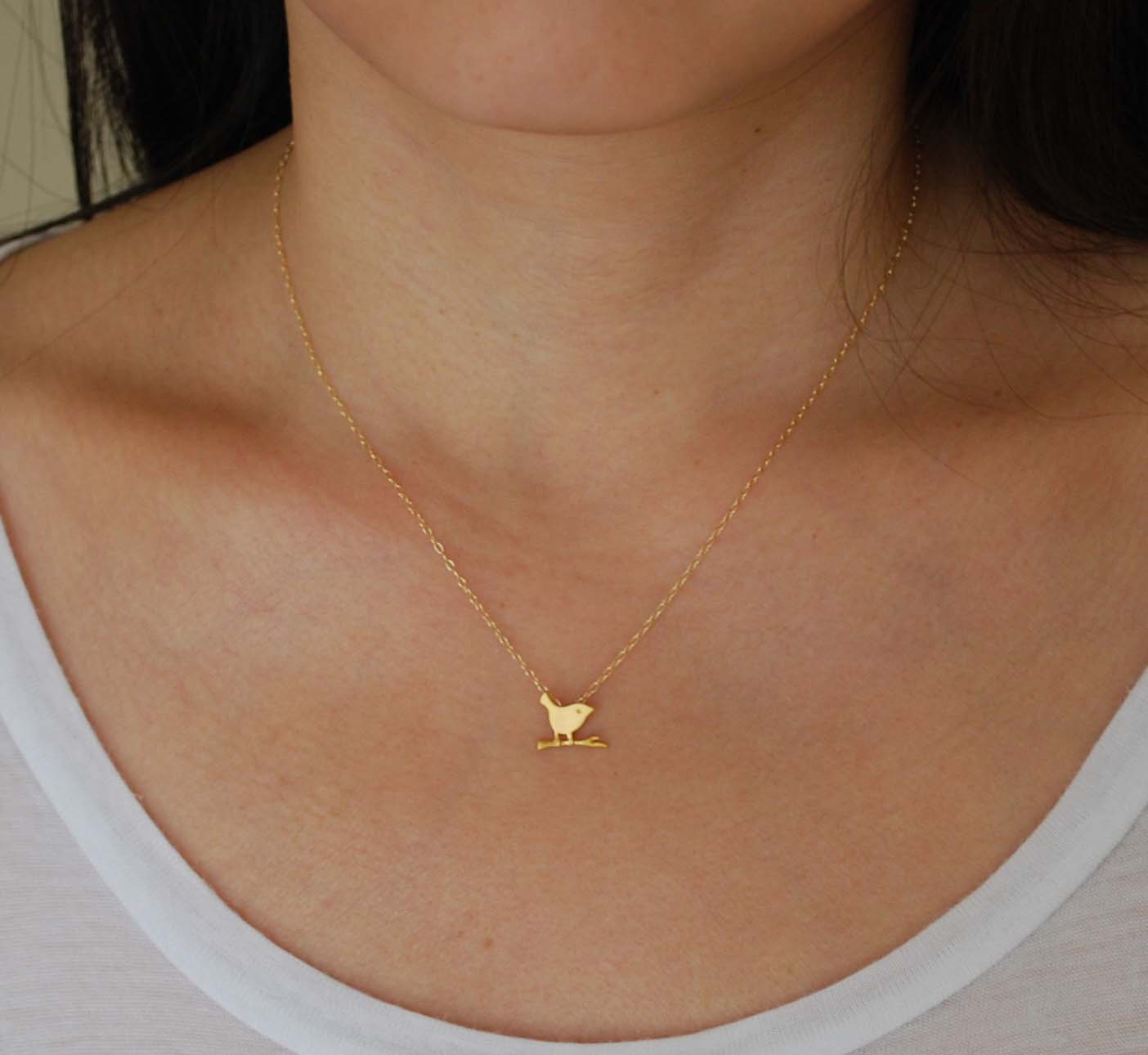 Tiny Gold Bird on Branch Necklace also available in Silver