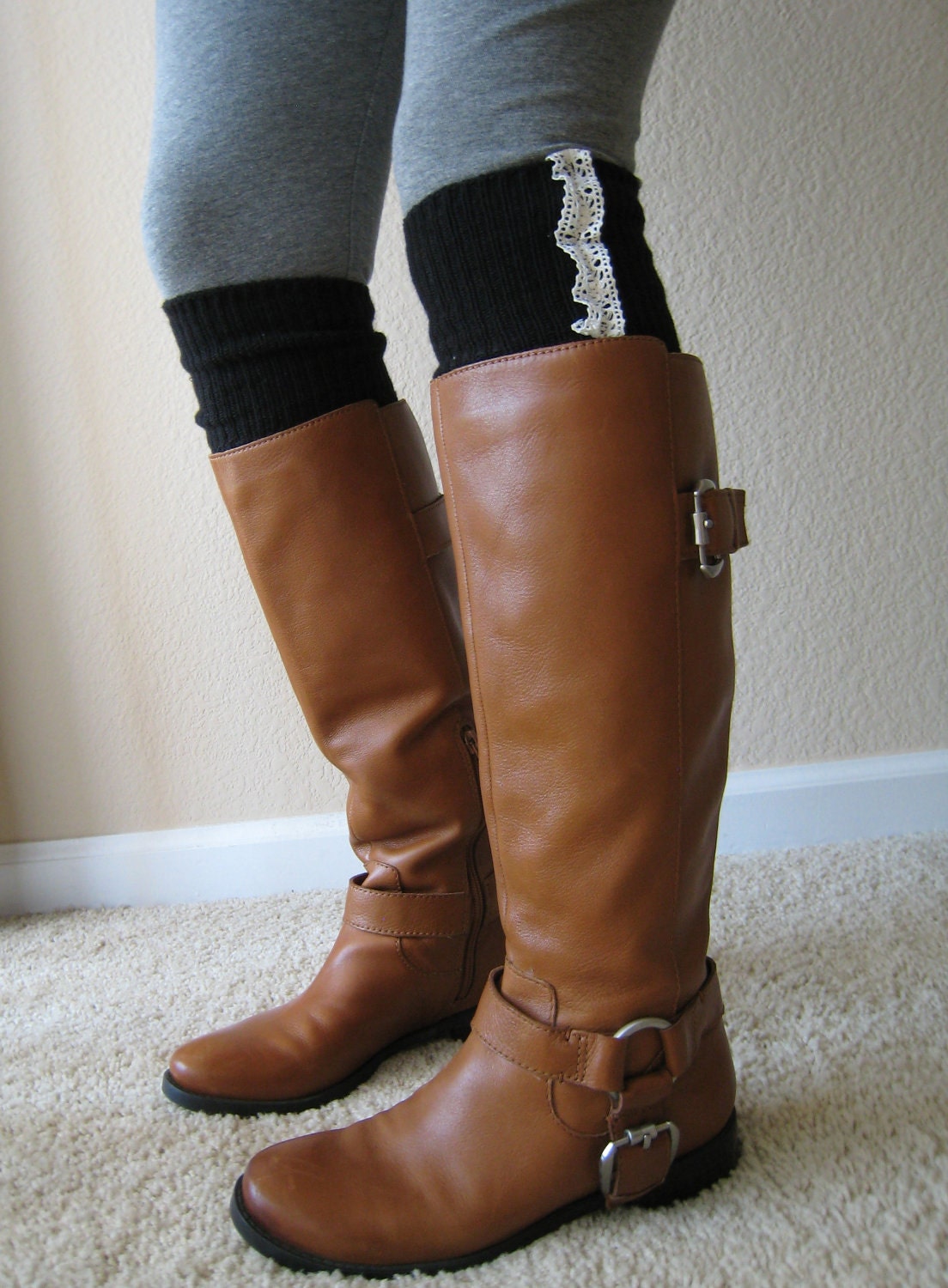 The Lacey Daisy - Black Cable-Knit BOOT SOCKS w/ white Lace RUFFLE (item no. 4-2)