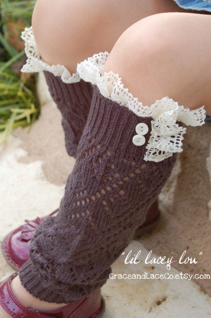 SALE Lil Lacey Lou - Graphite: Girls open-knit girls leg warmers w/ ivory knit lace & 2 buttons - legwarmers baby legs (item no. G-3-23)
