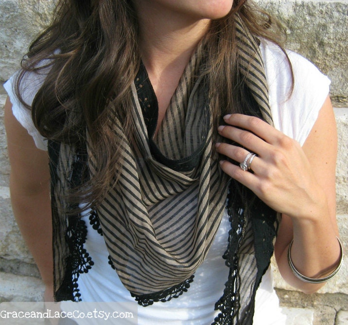 Spring Striped Scarf - khaki/black. lace scarf - shawl - lightweight scarf - lacey scarf - spring scarf (item no. S1-31 )