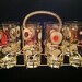 Mid Century Drinking Glasses in Caddy with Gold & Frosted Circle/Bubble Pattern