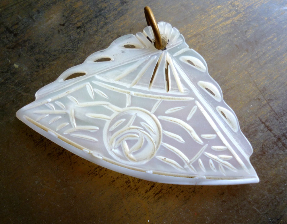 Moving Sale 50% Off Vintage Mother of Pearl Fan Pendant - MOP Flower Rose Pendant - Carved Mother of Pearl