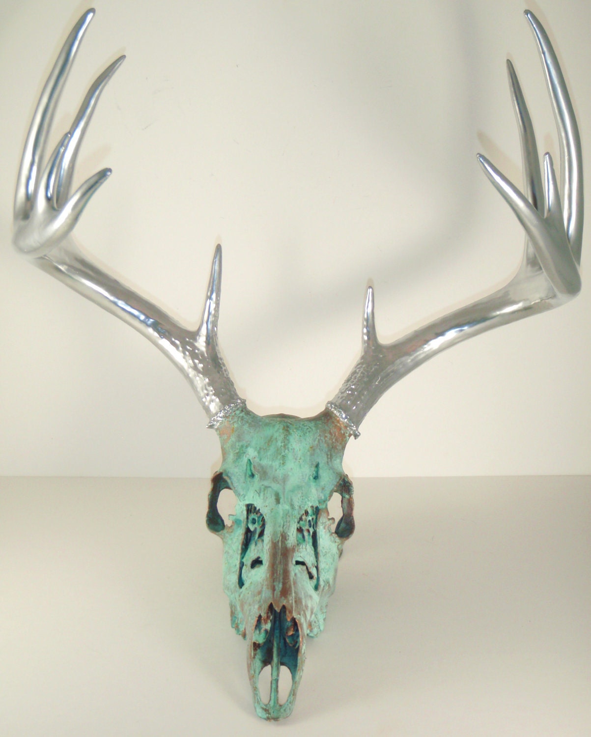 Copper Aged with Green Patina and Chrome Deer Skull Art Sculpture