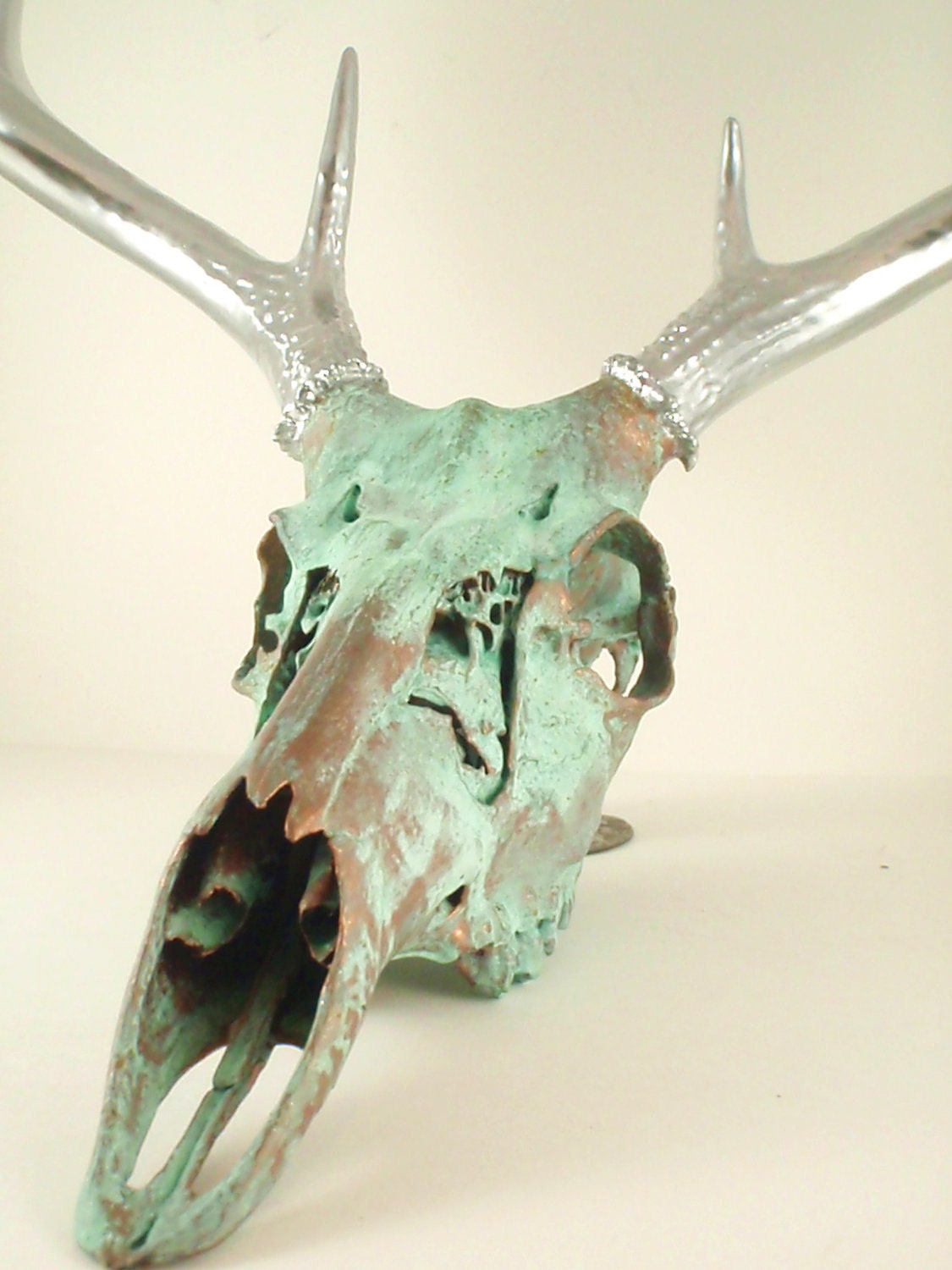 Copper Aged with Green Patina and Chrome Deer Skull Art Sculpture