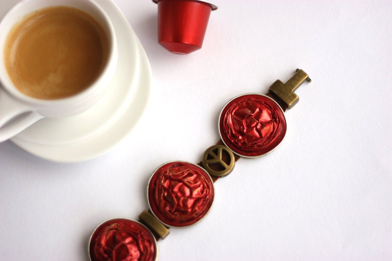 Peace bracelet - antique brass bracelet made with red upcycled Nespresso coffee capsules and recycled leather