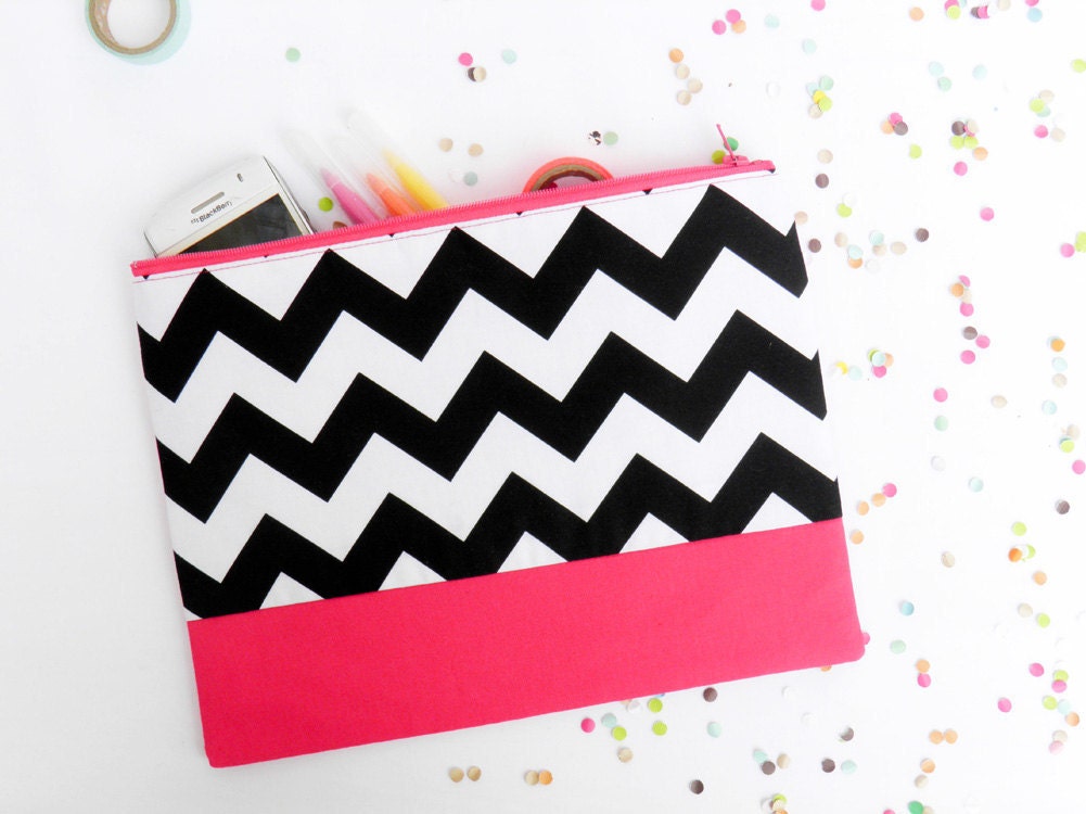 Neon Chevron XLARGE zipper pouch 10 x 8 inch geometry black and white and hot pink