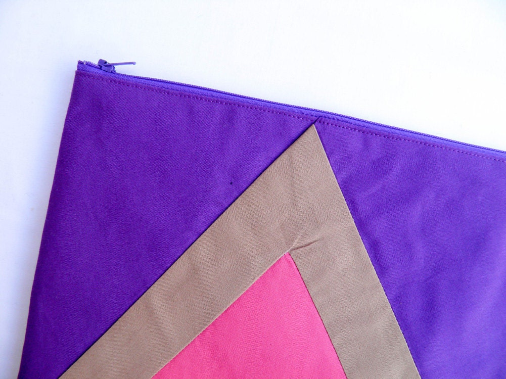 Geometric XLARGE zipper pouch 10 x 8 inch triangle purple camel and hot pink