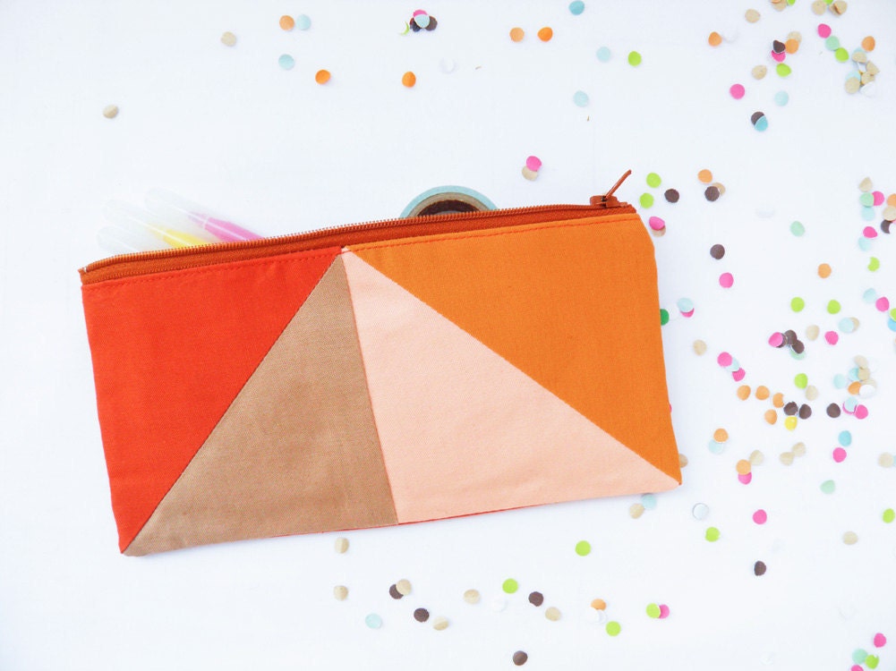 Neon zipper pouch 4"X8"  geometry  pencil case in paprika camel peach and apricot