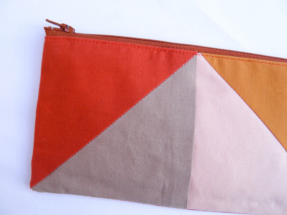 Neon zipper pouch 4"X8"  geometry  pencil case in paprika camel peach and apricot