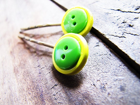 SALE Toddler Hair Clip Green and Yellow Button Bobby Pins